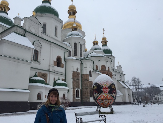 Teri Parker outside St. Sophia Cathedral in Kiev, Ukraine